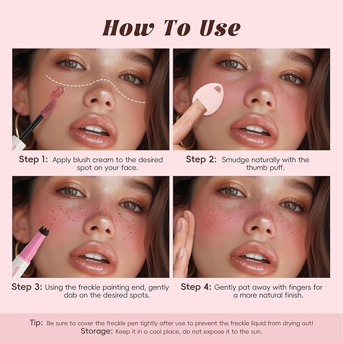 Freckle Blush Pen, 2in1 Light Brown Faux Freckle Stamp Pen Soft Pink Liquid Blush for Summer Sunkissed Makeup, Natural Lifelike Waterproof Long Lasting Quick Dry Fake Freck Tint Marker Pen01#-Velvo Beauty