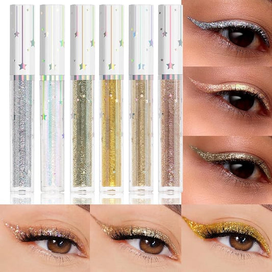 6Pcs Shimmer Metallic Eyeshadow Eyeliner Set - Glitter Sparkle, Long Lasting, Quick Drying, Waterproof & Smudge Proof, High Pigment Liquid Eyeshadow for Parties, Cosplay, Weddings (Set 2#)-Velvo Beauty