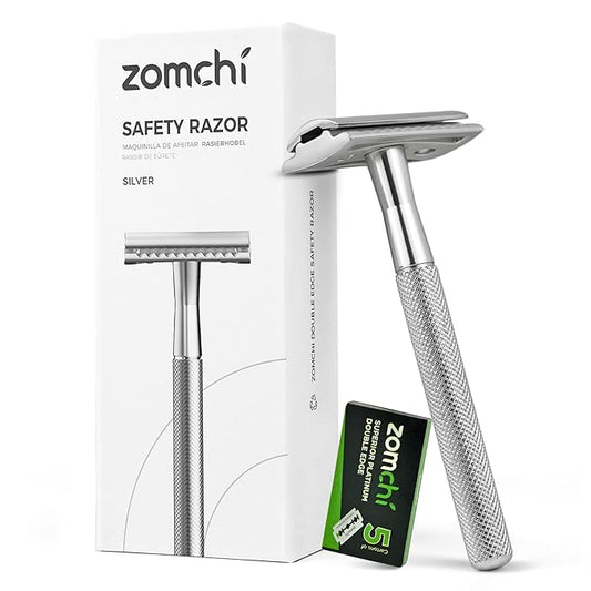 ZOMCHI Double Edge Safety Razor for Men & Women, Metal Razor with 5 Double Edge Safety Razor Blades, Single Blade Razor – Silver-Velvo Beauty