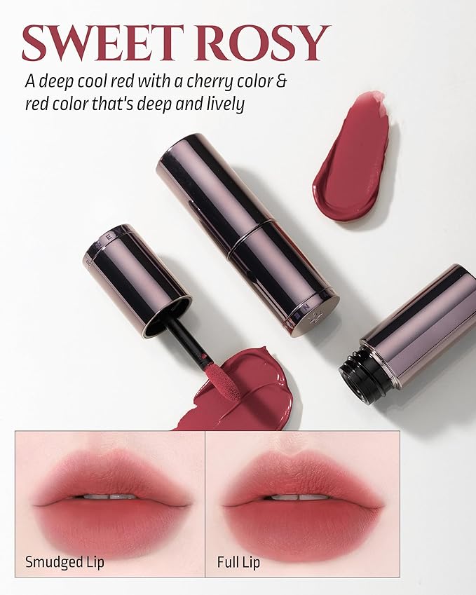 HEVVYMAKEUP Blurring Effect Lip Tint - Airy Velvet Matte Lips - Vegan, Longwear, Vibrant, Buildable Creamy Soft Texture - Korean Lip Makeup, Sweet Rosy, 0.13 fl.oz.-Velvo Beauty