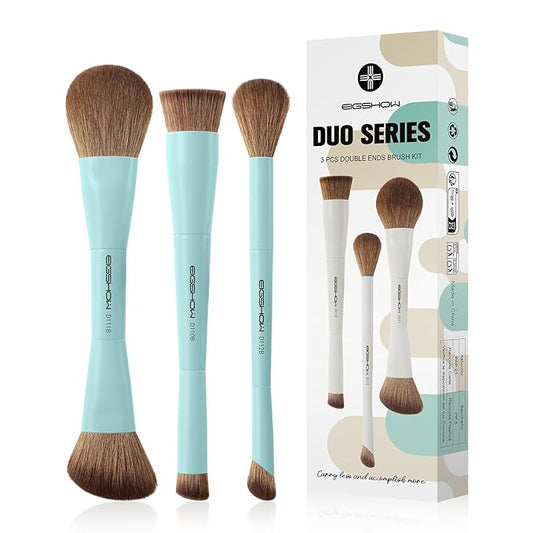 EIGSHOW Makeup Brush Set, 3Pcs Dual Ended Face Makeup Brushes for Foundation Powder Contour Highlight Concealer Nose Shadow, Travel Gift Set (Cyan)-Velvo Beauty