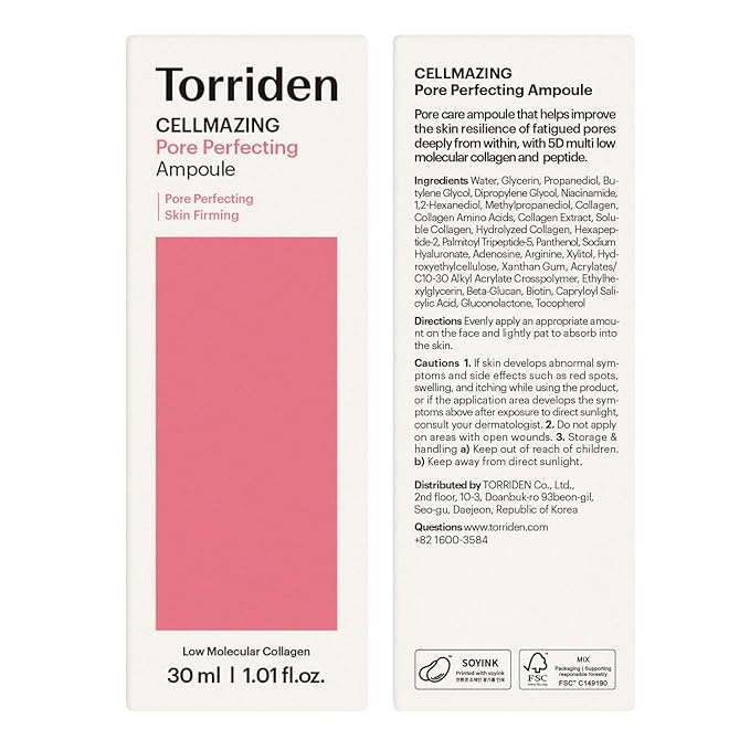 Torriden CELLMAZING Pore Perfecting Ampoule 30ml (1.01 fl.oz.) | Improving Skin Elasticity | 5D Collagen, Peptide Complex, PHA, LHA | Korean Facial Serum, Korean Skin Care-Velvo Beauty