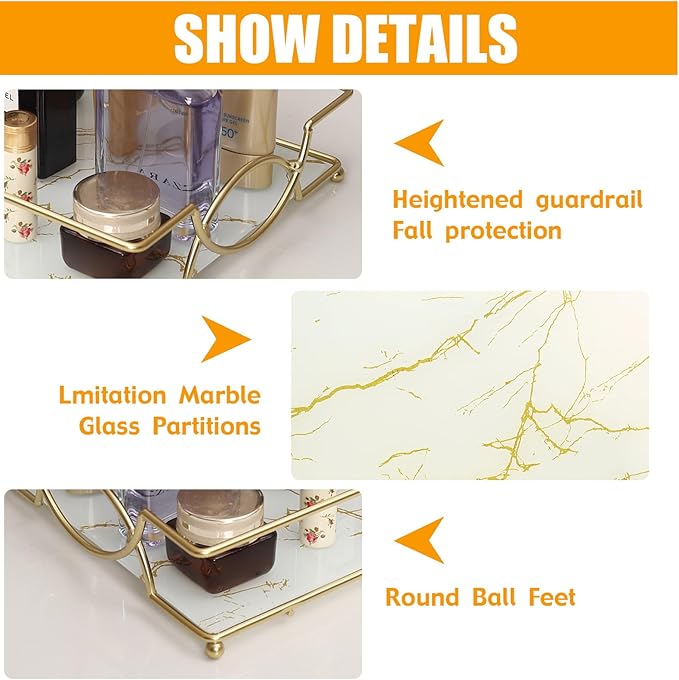 Vanity Tray Luxury Bathroom Counter Tray Glass Perfume Organizer Holder Cosmetics Makeup Skincare Display Decorative Vanity Trays for Bathroom Dresser Bedroom (Platinum, L)-Velvo Beauty