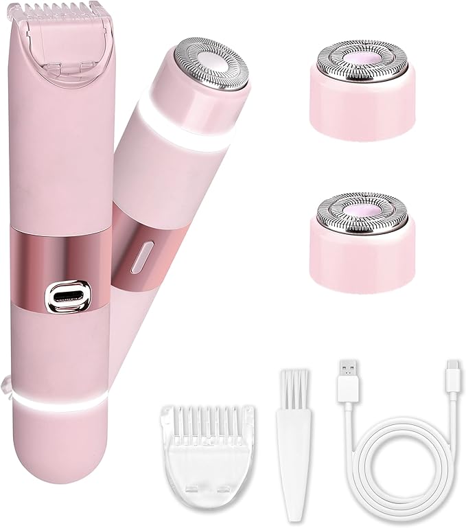 Bikini Trimmer for Women, Glow Aura Womens Shaver, Quiet Dual Head Waterproof Cordless Rechargeable Painless Trimmer for Underarms, Legs, Body (Pink)-Velvo Beauty