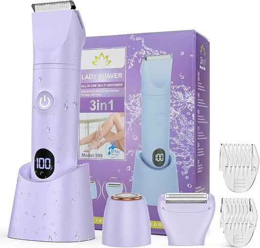 Bikini Trimmer for Women, 3 in 1 Electric Razors for Women, Waterproof Pubic Hair Trimmer and Facial Hair Remover, Rechargeable Electric Shaver for Underarm Leg Arm Body with LED Display-Velvo Beauty