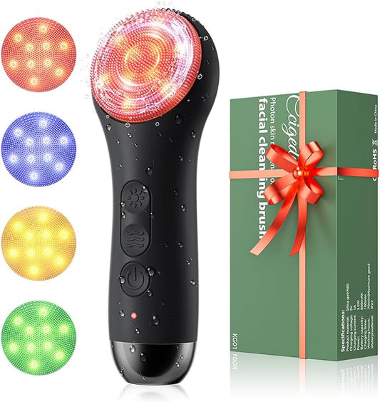 Facial Cleansing Brush: Rechargeable LED Electric Face Cleansing Brush with 4 Gentle Light Liquid Silicone Modes Face Scrubber Exfoliator,IPX7 Waterproof Ideal Gift for Men and Women-Black-Velvo Beauty