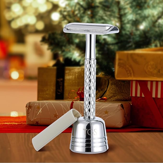 Double Edge Safety Razor for Men with Stand and Silicone Cover - Durable Metal Eco-Friendly Single Blade Safety Razor with 10 Blades- Closed Smooth Shave (Silver)-Velvo Beauty