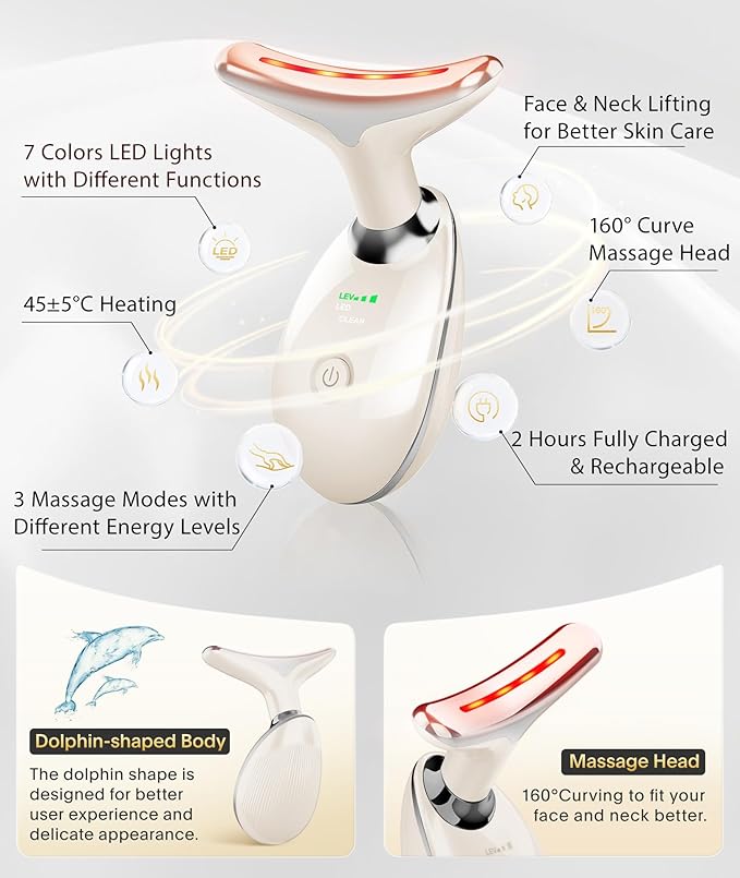 Red Light Therapy for Face and Neck, 7 Color Beauty Face Massager Tool, Vibrating Facial Massager with Thermals for Wrinkles, Double Chin, Glossy White-Velvo Beauty