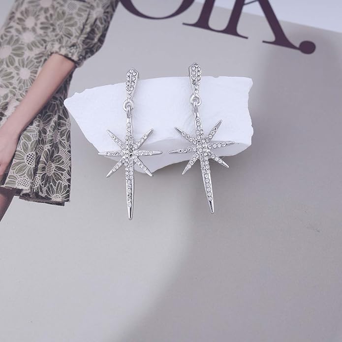 Vintage Crystal Northstar Dangle Earrings Rhinestone Northstar Studs Earrings Gold Cz Star Drop Earrings Sparkly Cz Starburst Earrings Jewelry for Women-Velvo Beauty