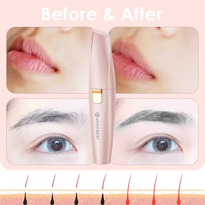 Eyebrow Facial Trimmer: 2 in1 Rechargeable Facial Hair Removal and Eyebrow Shaver - Face Lips Body Painless Facial Razor with Built-in LED Light (Pink)-Velvo Beauty