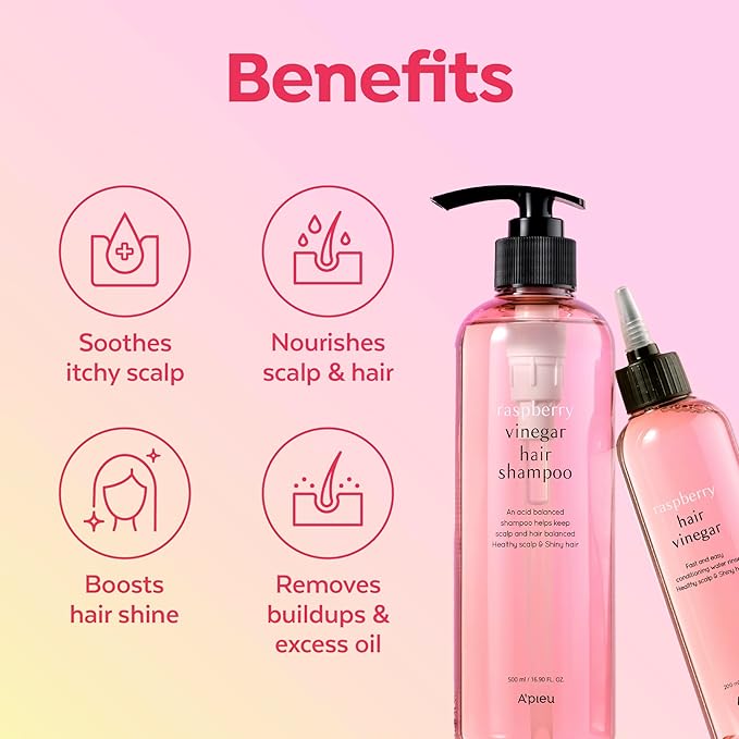 A’PIEU Raspberry Vinegar Hair Care Set – Shampoo (16.9 fl oz) + Hair Vinegar Rinse (6.76 fl oz) | Clarifying & pH Balancing Scalp Treatment, Removes Buildup, Soothes & Refreshes, Korean Hair Care-Velvo Beauty