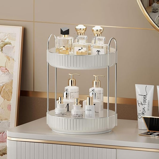 Rotating Makeup Organizer for Vanity, 2 Tier High-Capacity Skincare & Makeup Storage, Perfume Organizer, Cosmetic Dresser, Countertop 360 Spinning-Velvo Beauty