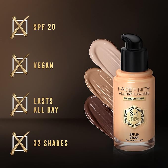 Max Factor Facefinity 3-in-1 All Day Flawless Liquid Foundation, SPF 20-44 Warm Ivory, 30 ml-Velvo Beauty