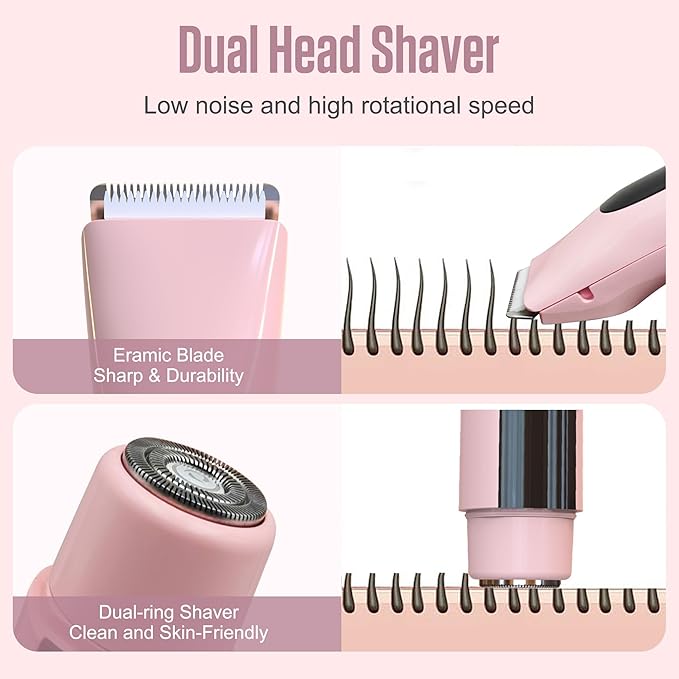 2 in 1 Bikini Trimmer for Women Dual Head Electric Shaver with LED Display,IPX7 Waterproof Wet & Dry, Painless Shaver for Underarm Leg Arm Body Face Private Area Pink-Velvo Beauty