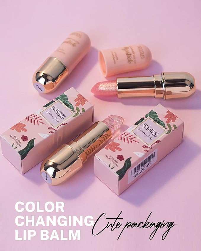 Tinted Lip Balm, Flower Lipstick Tinted Lip Gloss Long Lasting PH Lipstick, Color Changing Lipstick Natural Chapstick, Glitter Pink Shade Lipstick, Pink Flower-Velvo Beauty