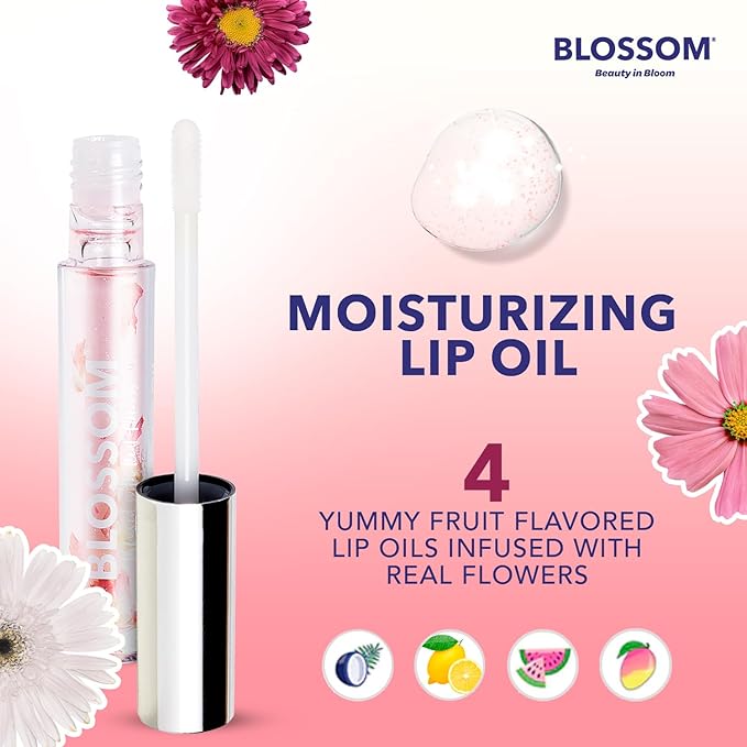 Blossom Moisturizing and Hydrating Shimmer Sparkle Lip Oil with Olive Oil + Grape Seed Oil, Infused with Real Flowers, 6g, Holiday Stocking Stuffer, 2 pack, Coconut/Watermelon-Velvo Beauty