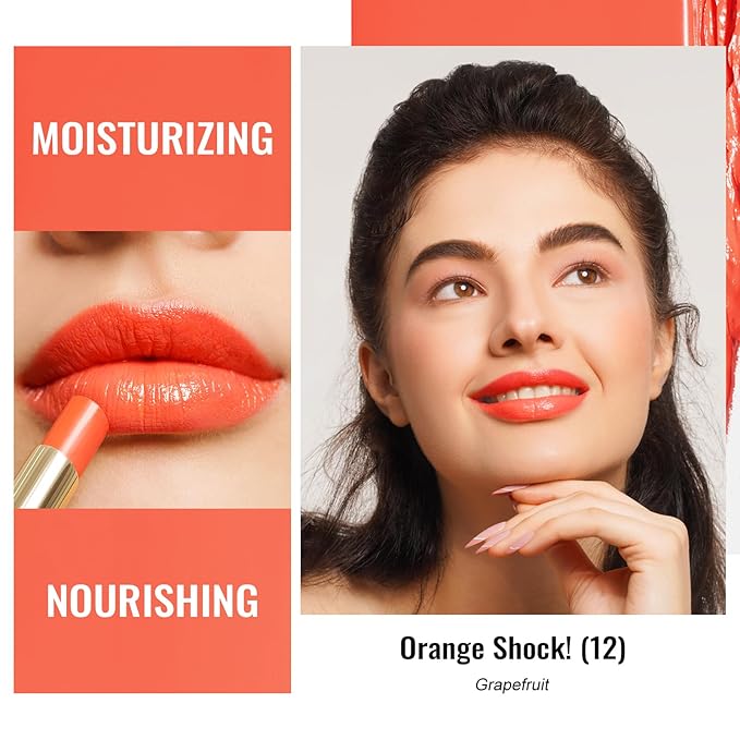 Oulac Moisturizing Shine Orange Red Lipstick for Women - 2 in 1 Orange Red Glossy Tinted Lip Balm, Hydrating Winter Lipstick for Dry Lips,Shine Juicy Finish Vegan 2.2g/0.07oz (12)-Velvo Beauty