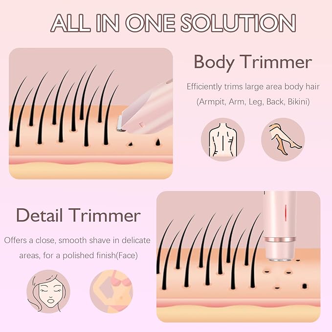 Bikini Trimmer for Women, 2 in 1 Dual-Head Electric Razors for Women Pubic Hair, Waterproof Wet/Dry Use Body Hair Trimmer Face Shaver, Rechargeable Hair Removal for Bikini Legs Face Underarm Arm Back-Velvo Beauty