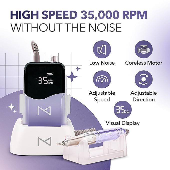 M Mase- Professional Nail Drill Machine - Coreless 2-in-1 Nail File - Electric, Cordless, 35000 RPM, HD Display - Electric Nail Drill for Professional & Home Use (Violet)-Velvo Beauty