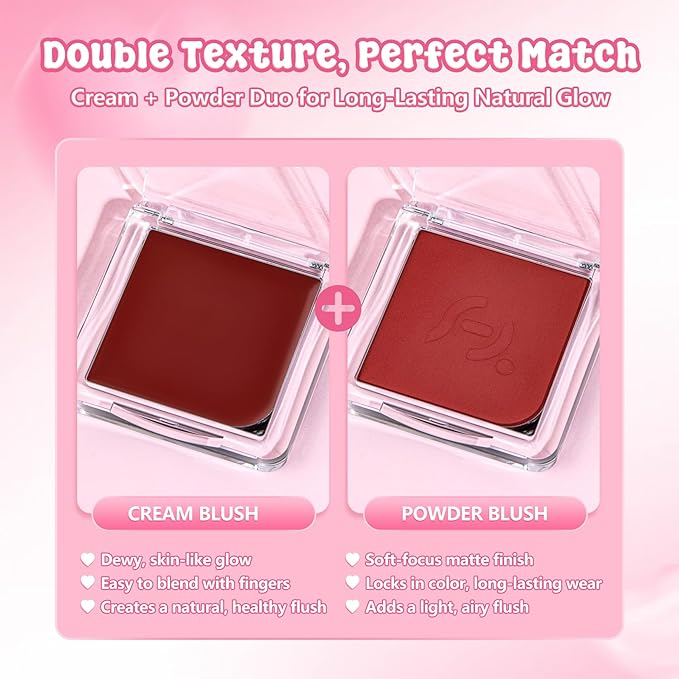 Blush Palette Duo – Cream & Powder Blush Set in Deep Red, Long-Wearing & Moisturizing, Easy to Blend, Radiant Coverage for Cheeks, Eyes & Lips, Magnetic Palette Compatible (2-Pack, Maple Crush)-Velvo Beauty