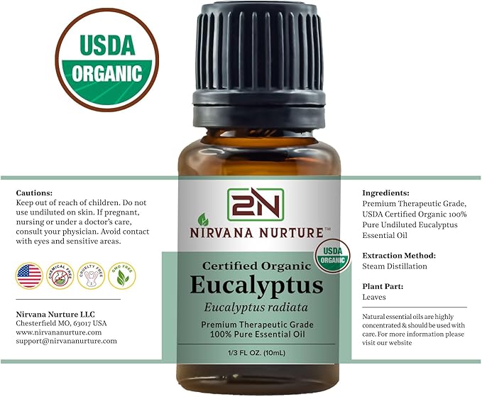 Eucalyptus Essential Oil USDA Certified Organic 100% Pure Premium Therapeutic Grade, Undiluted - Aromatherapy Diffuser for Calm and Relaxation, Skin Care, Hair Care-Velvo Beauty