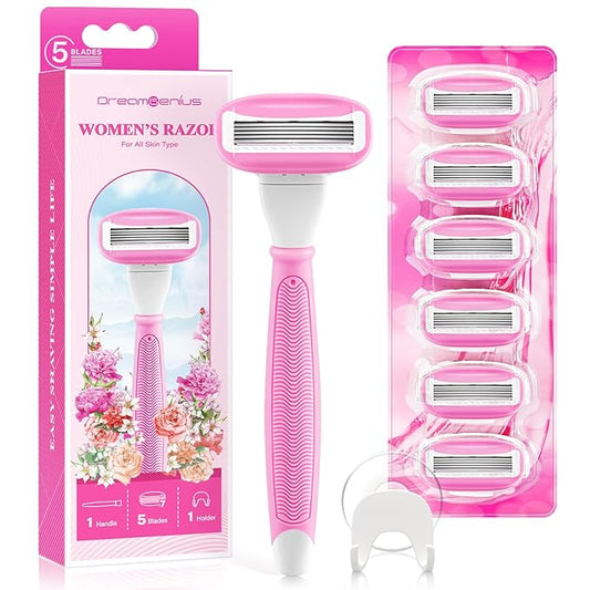 DreamGenius Razors for Women Include 1 Non-Slip Handles and 7 Blade Refills with a Shower Holder, 5 Premium Blades Women's Razors for Shaving with 360° Lubrication Reduces Irritation, Pink-Velvo Beauty