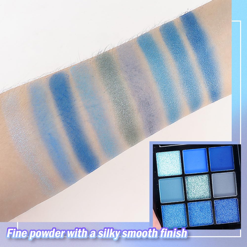 9 Colors Blue Smoky Matte Shimmer Eyeshadow Palette with Mirror for Eye Makeup,High Pigmented Eye Shadow Primers Powder Palet de sombras de ojos-Velvo Beauty