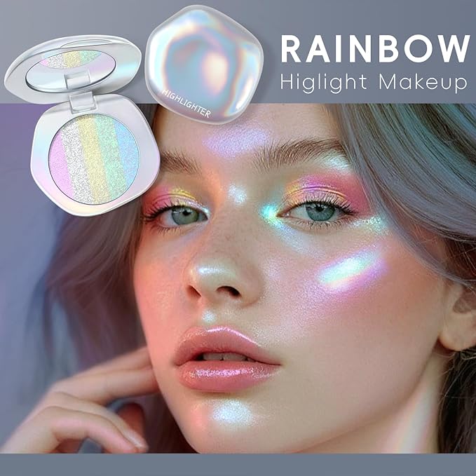 Chameleon Face Highlighter Palette, Glitter Metallic Rainbow Eyeshadow Holographic Sparkling Long Lasting Color Shifting Inner Corner Eye Brightener Illuminator Shimmer Highlighter Makeup-Velvo Beauty
