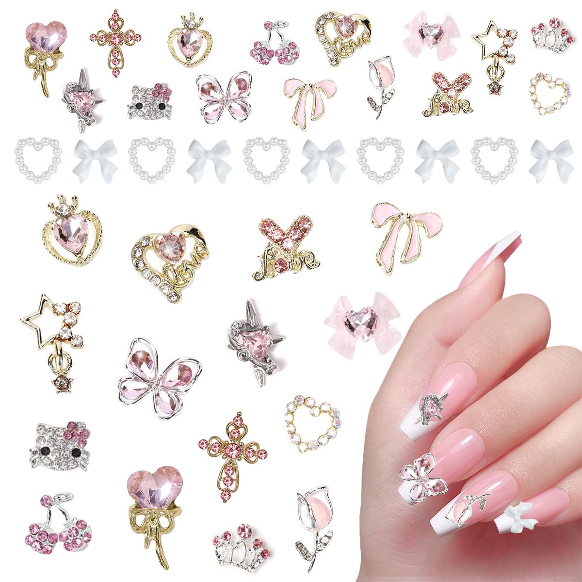 40PCS Nail Charms Y2k Pink Gold Nail Art Rhinestone Charms 3D Heart Star Bow Cherry Nail Gems for Acrylic Nail Accessories for Women Girl Manicure DlY Crafts Supplies-Velvo Beauty