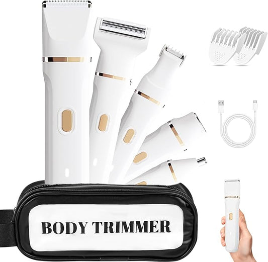 Bikini Trimmer for Women, 5-in-1 Waterproof Electric Razors for Women, Rechargeable Pubic Hair Trimmer, Electric Shaver with Travel Pouch, Body Shaver for Private Area Underarm Leg Face Nose, White-Velvo Beauty