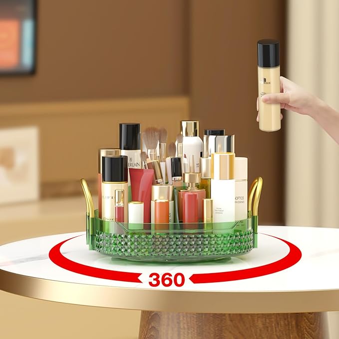 Awenia Rotating Makeup Organizer 360, Stackable Adjustable Large Capacity Cosmetic Storage Unit,Dresser Bathroom Kitchen Countertop Organizer with Metal Handle, Plus Size (Gem Green, 1 Tier)-Velvo Beauty