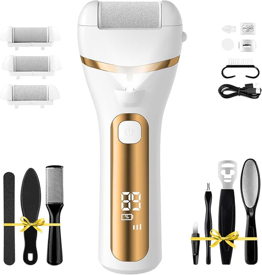 PUBOO Foot Callus Remover Electric 10000 RPM 3-Speed IPX7 Rechargeable Pedicure Kit for Hard Skin Women & Men. Portable Multi-Roller File Grinder Sander Scrubber with LED Display for Wet & Dry Feet-Velvo Beauty