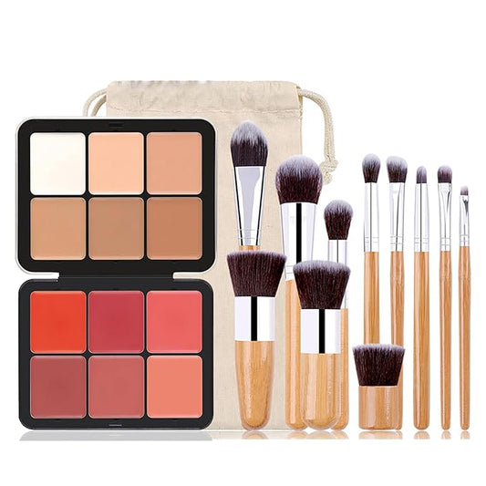 Cream Concealer Palette/Blush Palette Kit, 2 In One Blendable Blush Concealer Contour Set with 11 Pcs Complete Makeup Brush and Storage Bag, High Impact Buildable Color, Vegan & Cruelty Free-Velvo Beauty