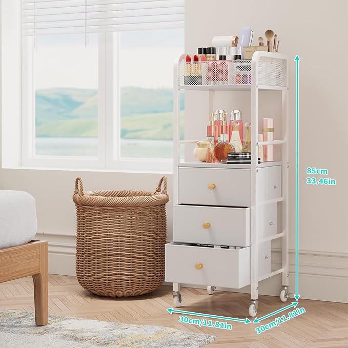 HapiRm Rolling Makeup Cart Organizer - Floor Skincare Make Up Storage with 3 Drawers, Vanity Organizer Cosmetic Display Cases Holder for Skin Care Perfume Nail Polish Brush Hair Tool, White-Velvo Beauty