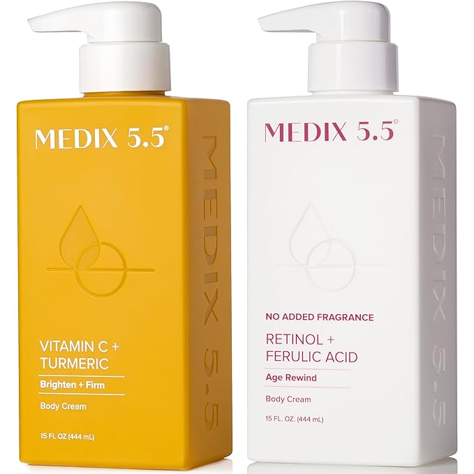 MEDIX Fragrance Free Firming Retinol Body Lotion + Brightening Vitamin C Cream 2pc Skin Care Set | Crepey Skin Care Treatment | Anti Aging Body Cream & Face Moisturizer For Crepe Skin & Dark Spots-Velvo Beauty