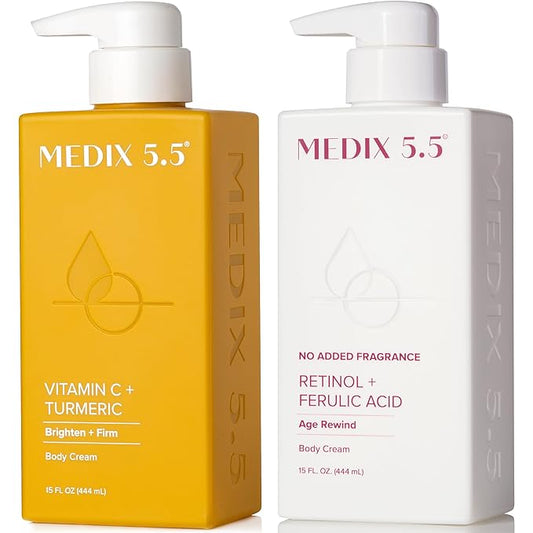 MEDIX Fragrance Free Firming Retinol Body Lotion + Brightening Vitamin C Cream 2pc Skin Care Set | Crepey Skin Care Treatment | Anti Aging Body Cream & Face Moisturizer For Crepe Skin & Dark Spots-Velvo Beauty