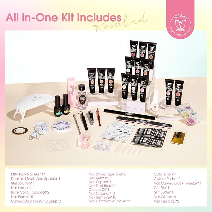 ROSALIND Poly Nail Gel Kit -14 Colors Nail Art Accessories kit Clear Nude Nail Extension Gel Starter with Slip Solution White Nude Pink Nail Extensions Gels Set with Mini UV Lamp-Velvo Beauty