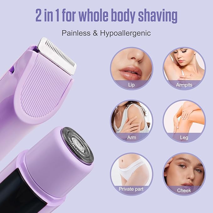 2 in 1 Bikini Trimmer for Women Dual Head Electric Shaver with LED Display,IPX7 Waterproof Wet & Dry, Painless Shaver for Underarm Leg Arm Body Face Private Area Purple-Velvo Beauty
