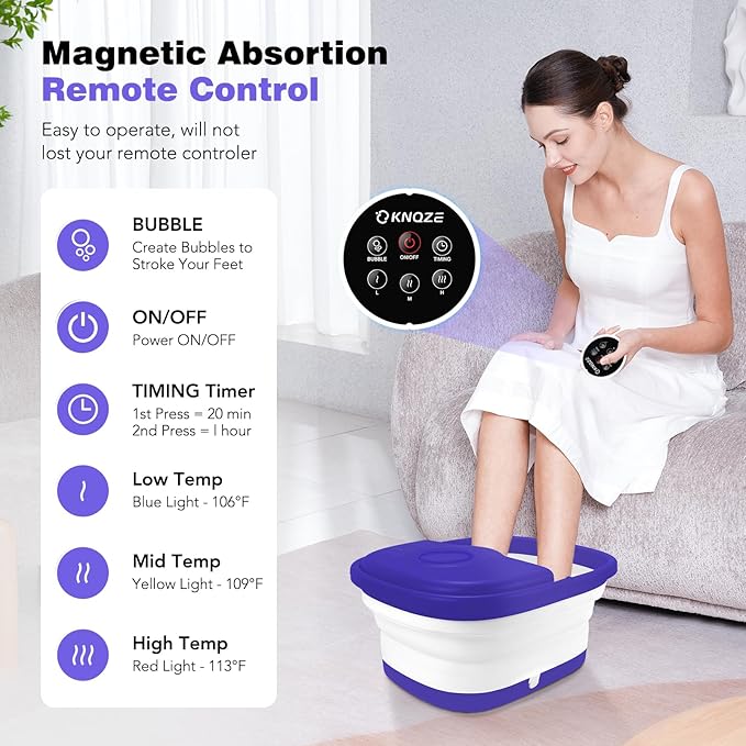 Collapsible Foot Spa with Heat, Remote Control, Temperature Control, Bubbles, Pumice Stone, Red Light, Timer, 16 Massage Roller Pedicure Foot Bath Tub Foot Soaker for Feet Stress Relief, Purple-Velvo Beauty