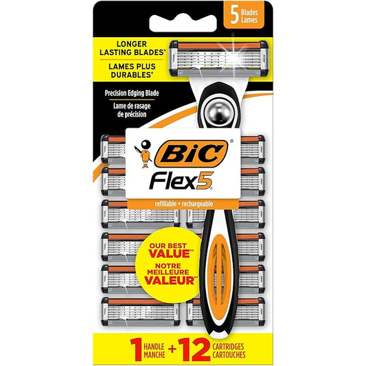 BIC Flex 5 Refillable Razors for Men, Long-Lasting 5 Blade Razors for a Smooth and Comfortable Shave, 1 Handle and 12 Cartridges, 13 Piece Shaving Kit-Velvo Beauty