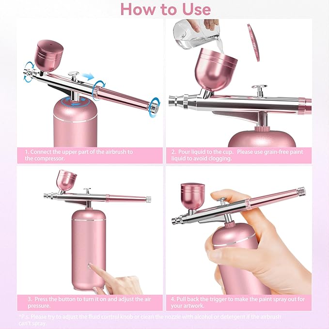 Airbrush Kit with Compressor - 48PSI High-Pressure, Non-Clogging Air Brush Set Cordless Rechargeable with 0.3mm Nozzle and Cleaning Brush for Nail Art, Makeup, Painting, and Cake Decorating-Velvo Beauty