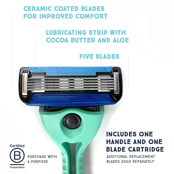 Preserve POPi Shave 5 Razor System Made with Recycled Ocean Plastic and 5-blade cartridge, Neptune Green-Velvo Beauty