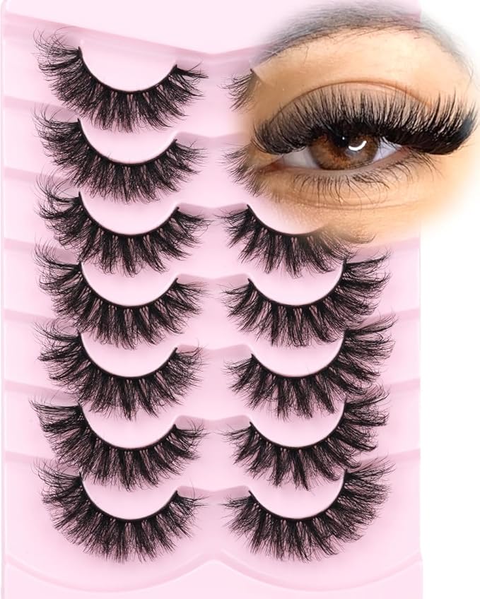 Mink Lashes Fluffy D-Curl False Eyelashes 20mm Long Volume Lashes That Look Like Extensions Cat Eye Fake Lashes Faux Mink Strip Lashes Pack 7 Pairs-Velvo Beauty