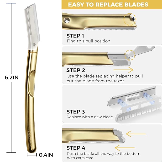 ZOMCHI Dermaplane Razor with 11 Blades for Women & Men, Eyebrow Trimmer with Protective Silicone Cap, Face Razor for Hair Removal - Matte Gold-Velvo Beauty