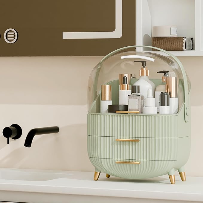 Makeup Organizers and Storage, Make up Organizer for Vanity Cosmetics Skincare Organizers With Lid and Drawers Display Cases for Countertop(Light Green)-Velvo Beauty