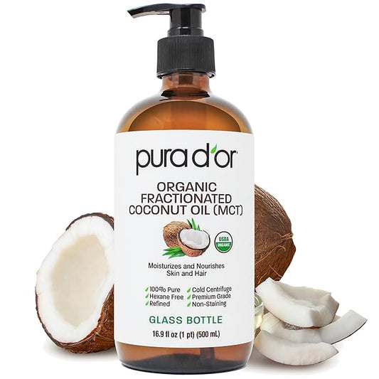 PURA D'OR 16.9 Oz ORGANIC Fractionated Coconut Oil MCT Oil (GLASS BOTTLE) 100% Pure & Natural USDA Certified Cold Pressed - Unscented, Hexane Free Moisturizer For Face, Skin & Hair Tonic - Men & Women-Velvo Beauty