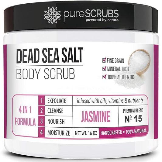 pureSCRUBS Premium Jasmine Body Scrub Set - Large 16oz Dead Sea Salt Body Scrub With Infused Essential Oils & Nutrients Includes Wooden Spoon, Loofah & Oatmeal Exfoliating Bar Soap-Velvo Beauty