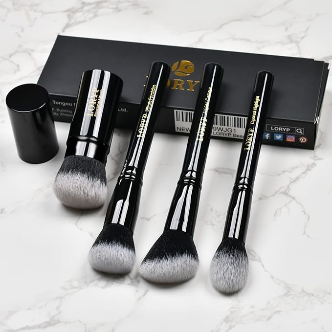 LORYP 4 Pcs Full Face Professional Makeup Brushes Set with Retractable Kabuki Airbrush For Powder,Liquid,Cream,Angled Blush Brush, Foundation Brush, Tapered Highlight Brush-Velvo Beauty