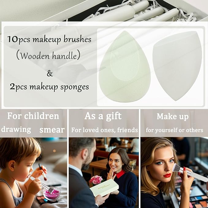 Gift Ready 10 Piece grayish green Makeup Brushs Set and 2 Piece Makeup Sponge – Wooden Handle with Soft Synthetic Bristles, Concealer, Powder – (Ideal for Christmas, Birthday, Women)-Velvo Beauty