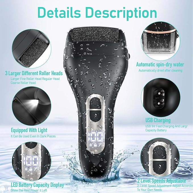 Electric Callus Remover for Feet - with 9pcs Larger Grinding Head, Portable Pedicure Kit Foot File Callus Remover, Rechargeable Waterproof Foot File for Foot Care Deadskin Remover LCD Display-Black-Velvo Beauty